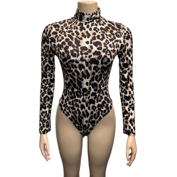 Leopard Print Bodysuit Turtleneck Long Sleeve full bottom brown tan,black size L - Picture 3 of 17
